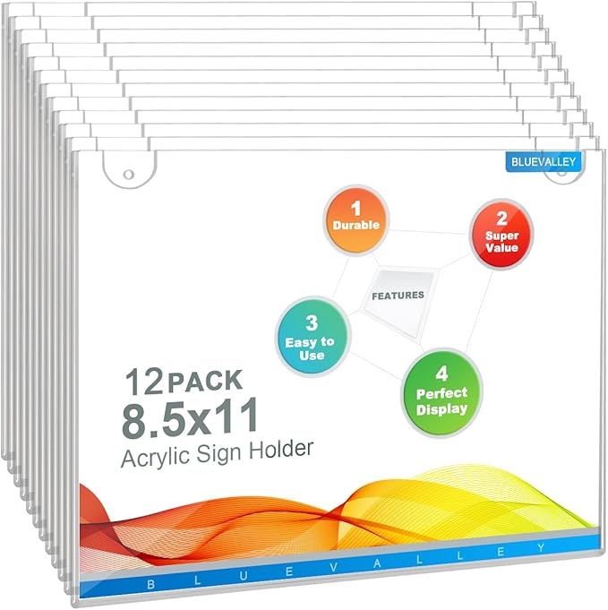 BlueValley 12 Pack Acrylic Sign Holder 8.5x11 Wall Mount Landscape – Clear Menu, Flyer & Picture Frame with Screws & Adhesive Tape, Wall Mounted Document Display for Office, School, Restaurant, Hotel, Public Space