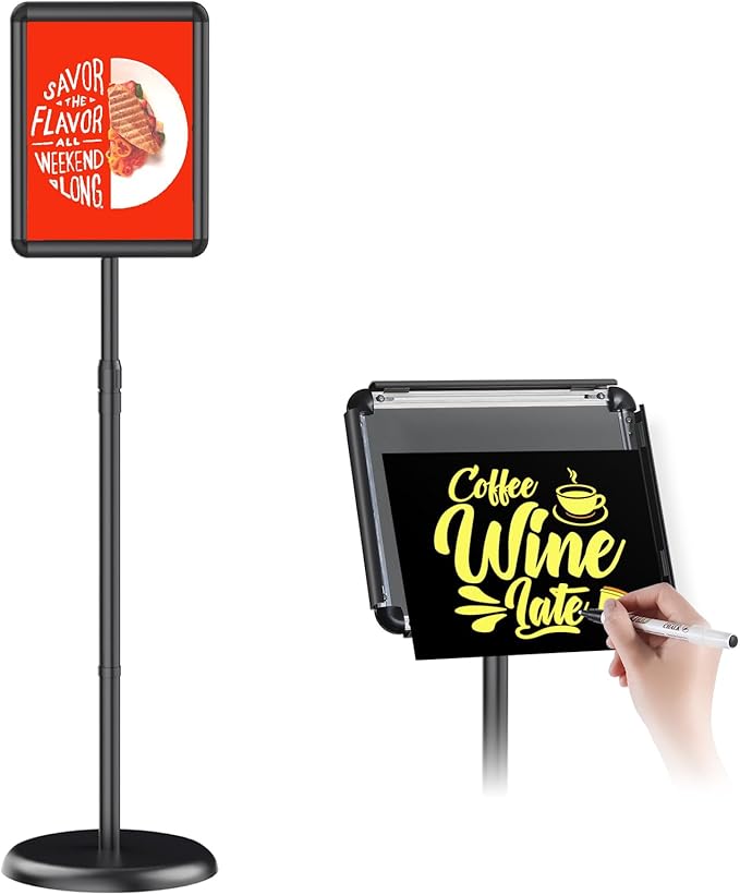 Adjustable Pedestal Floor Stand Sign Holder for 8.5*11 inches Poster or chalk board, Snap open frame,360° Rotation,Outdoor Indoor Standing Display Sign Holders for advertising ,Black