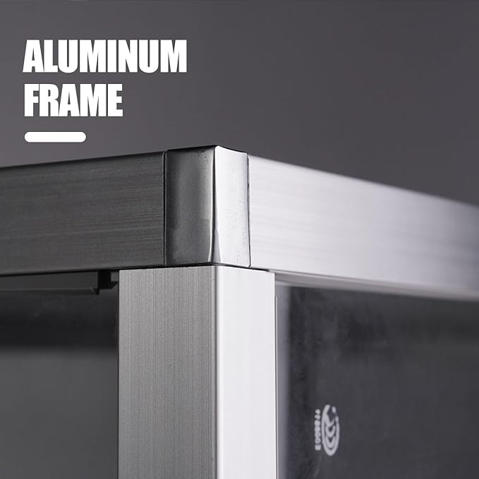 70”D * 20”W * 38”H, Freestanding LED Retail Full Vision Glass Display Case, Silvery Aluminum Frame, Two Adjustable Height Tempered Glass Shelves