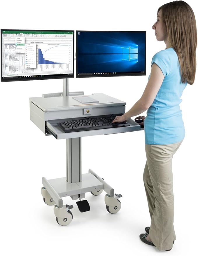 Displays2go Mobile Medical Cart with 2 Monitor Holders, Height Adjustable, Pullout Tray, Steel, Plastic, MDF – Gray (DWMDC2M)