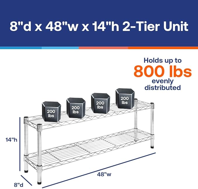 Shelving Inc. 8" d x 48" w Chrome Wire Shelving with 2 Tier Shelves, Weight Capacity 800lbs Per Shelf