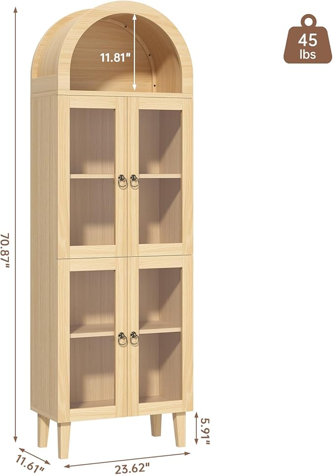 71” Tall Arched Pantry Cabinet with Glass Door, Display Cabinet Organizer, Versatile Pantry with Top-Opening Storage Container for Living, Kitchen Dining Room, Natural