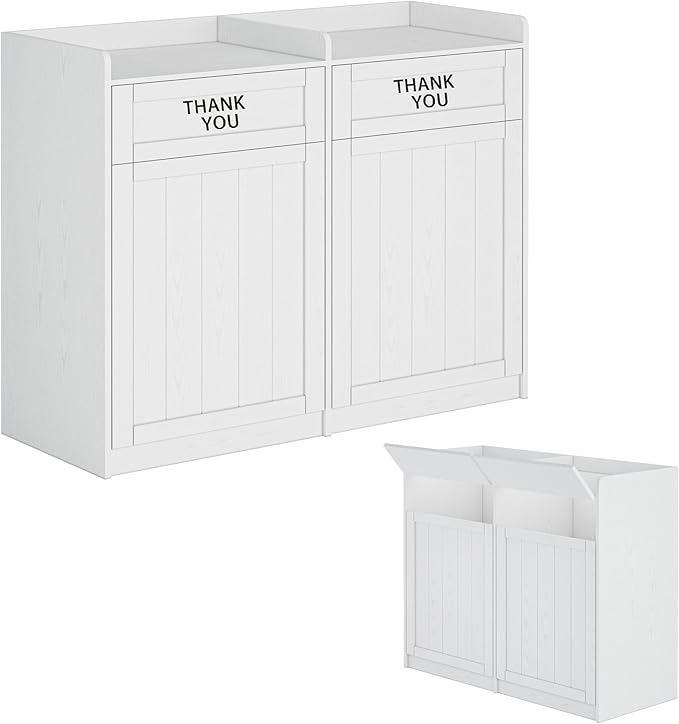 Restaurant Trash Can Cabinet Double 40 Gallon, Wooden Commercial Trash Can with Tray Holder, Large Garbage Cabinet for Restaurant Cafeteria Office, White