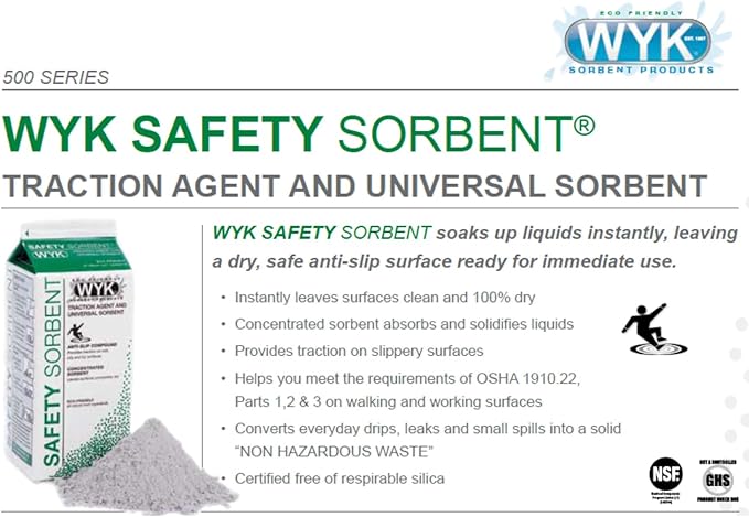 THE FRYOILSAVER COMPANY WYK Safety Sorbent 500 Series – Industrial Liquid & Oil Absorbent and Traction Agent for Spills, Leaks & Safety Maintenance – Spill Absorber Shaker Carton Pack of 12