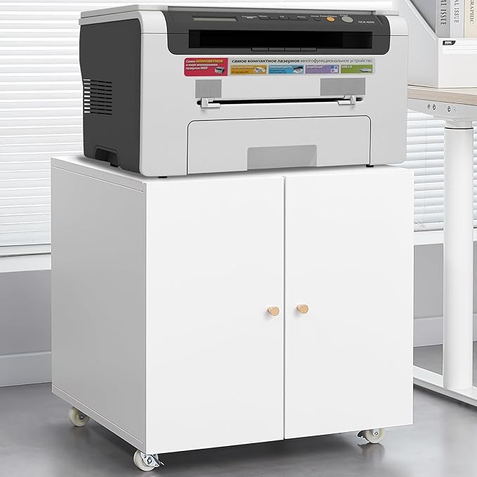 Print Mobile Printer Stand, Rolling Filing Cabinet, Lateral Office Filing Cabinet fits A4 or Letter Size for Home Office (White, H23.62)