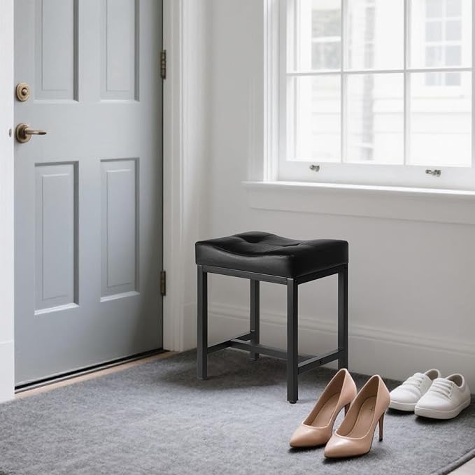 Saddle Seat Vanity Stool, Makeup Stool Chair with Metal Leg, U-Shaped Faux Leather Ottoman Foot Rest, Small Square Chairs Under Desk for Vanity, Living Room, Bedroom, Modern Makeup Bench Black