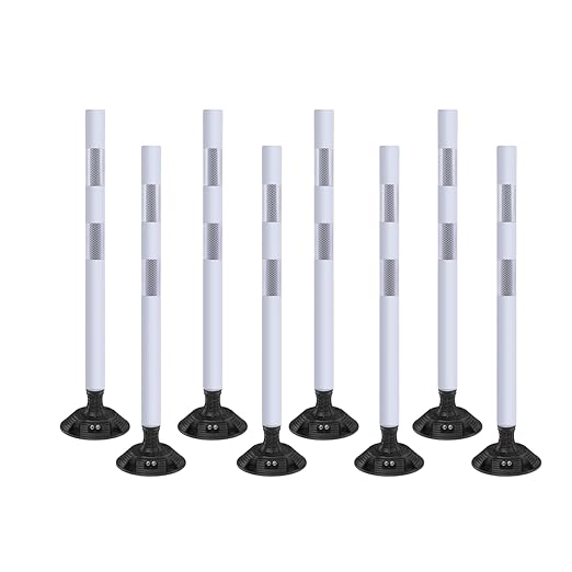 8 Pack Traffic Delineator Posts – High Visibility Reflective Safety Cones with Spring Base for Roadway, Parking, Garage, Construction Zones (White, 36 Inch)