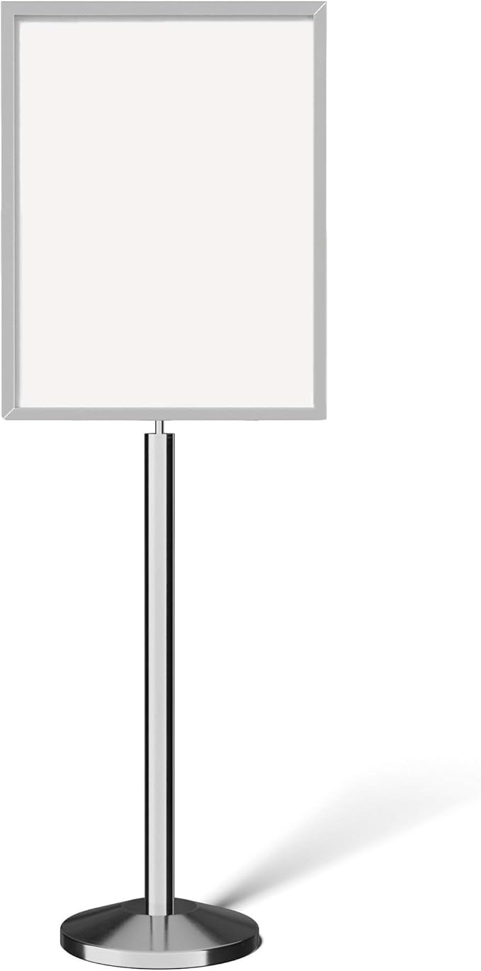 Crowd Control Warehouse Pedestal Standing Floor Sign Frame with Sloped Base, 22 x 28 Inch Vertical, Polished Stainless Steel