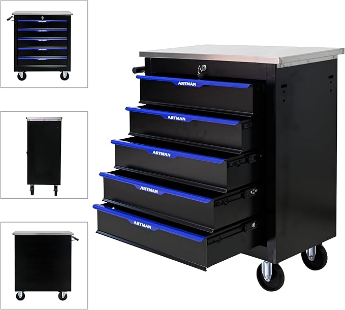 5 Drawer Rolling Tool Chest with Locker, 25.9" D Metal Movable Lockable Tool Cart Box Multi-Functional Hardware Storage Cabinet Box for Warehouse Basement Home Pantry Garage