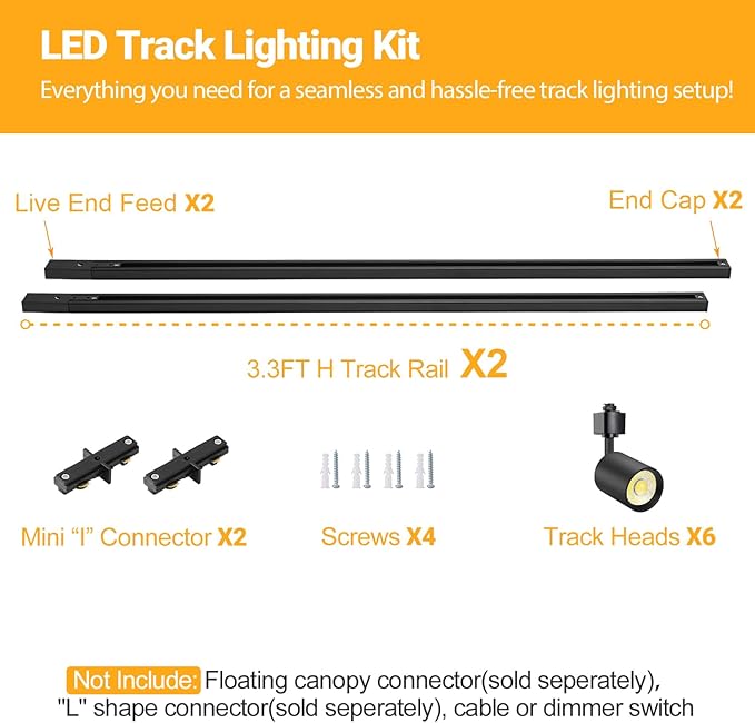 VANoopee 6-Light LED Track Lighting Kit with 6.6FT H Type Track Rails, Dimmable Track Light Heads Bright Ceiling Spotlight Fixture for Kitchen Accent Art, 3000K Warm White, No Flicker 10W 800lm Black