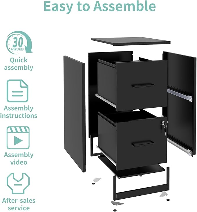AQY 2 Drawer Filing Cabinet with Lock, Metal Black File Cabinet for Home Office, 18" Deep Vertical Storage Drawer for Hanging A4/Letter/Legal Size Files, Assembly Required