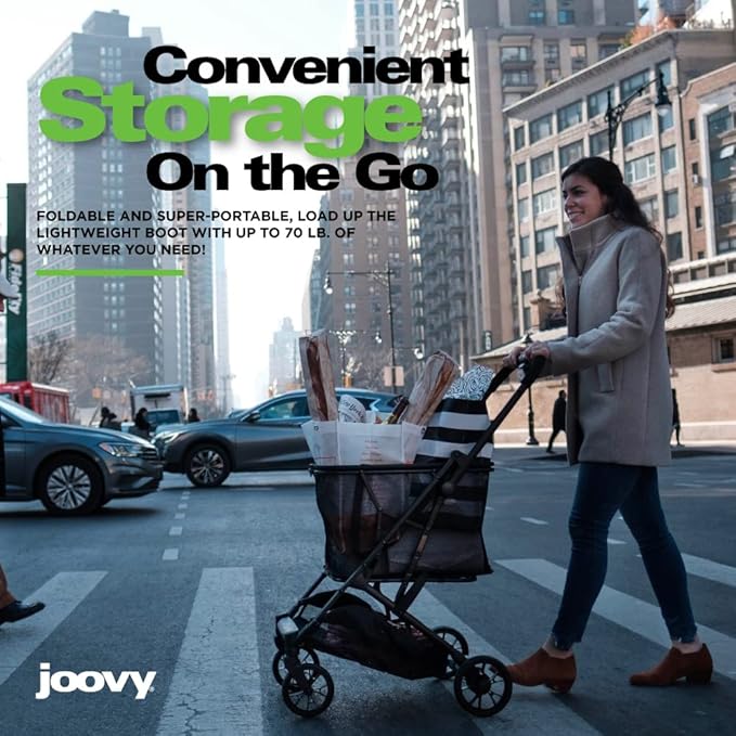 Joovy Boot Shopping Cart Featuring 70 lbs Total Weight Capacity, Stylish Removable Tote, Swivel Tires for Easy Steering, One-Handed Compact Fold, and One-Step Parking Brake (Silver Frame)