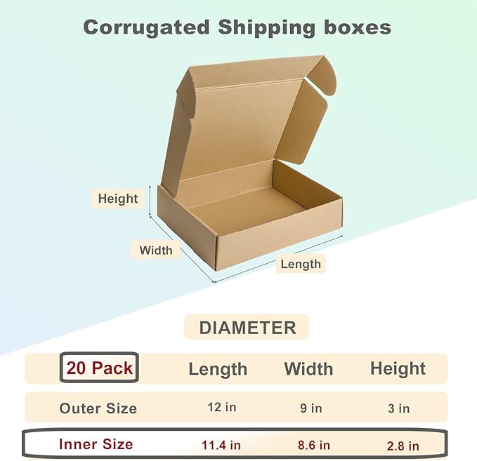 MEBRUDY 12x9x3 Inches Shipping Boxes Pack of 20, Small Corrugated Cardboard Box for Mailing Packing Literature Mailer