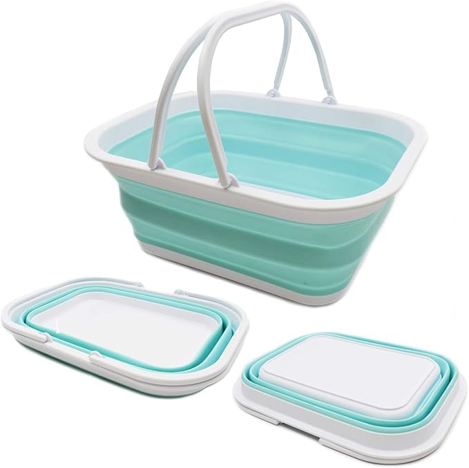 SAMMART 15.5L (4.1 Gallons) Collapsible Tub with Handle - Portable Outdoor Picnic Basket/Crater - Foldable Shopping Bag - Space Saving Storage Container (White/Lake Green)