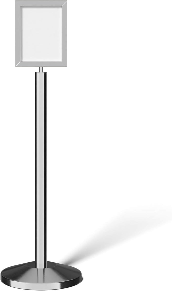 Crowd Control Warehouse Pedestal Standing Floor Sign Frame with Sloped Base, 8.5x11 Inch Vertical, Polished Stainless Steel
