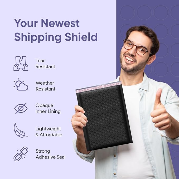 Black 10.5x16 Inch Large Poly Bubble Mailers #5 | Padded Envelopes with Self Seal | Air Lined Cushioned Bubble Mailer | Usable Size 10.5x15 | 100 Pack Bulk | Lightweight shipping Bags