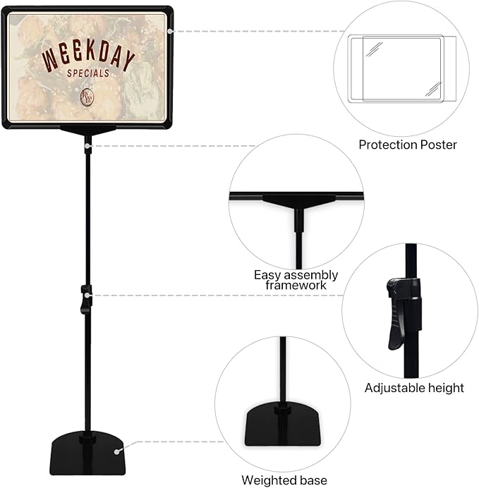 Sign Holder Stand, 8.5 x 11 Inch Sign Stand with Adjustable Height Snap Open, Reusable Sign Stands for Display Advertising Business Signage, Vertical and Horizontal Two View Modes (Black, 10 Pcs)