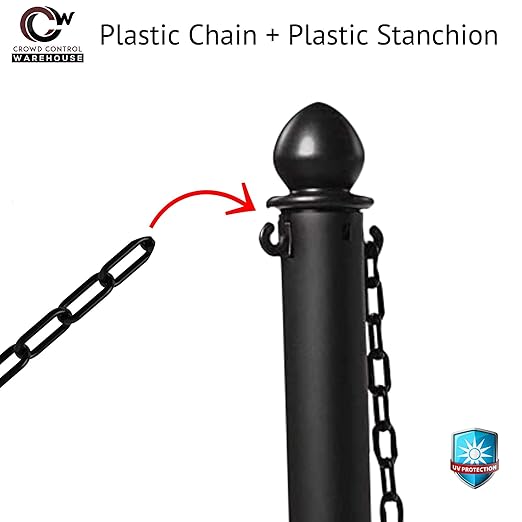 Montour Line Plastic Stanchion Red 2.5 Inch Diameter with 50 Foot Chain, 6-Pack, Crowd Control Barriers