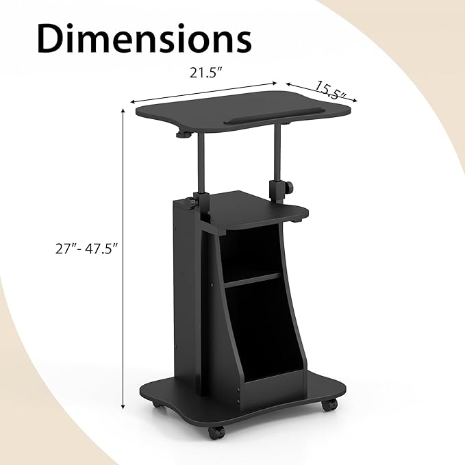 Tangkula Mobile Lectern Podium, Height Adjustable Podium Stand, Standing Sit-to-Stand Desk, Rolling Cart Laptop Desk with Swivel Top Movable Wheels & Storage