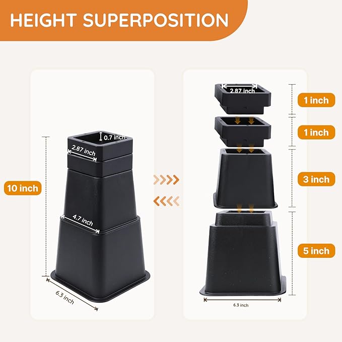 Bed Risers, Oversized Furniture Risers, 1/2/3/4/5/6/7/8/9/10 inches Adjustable Raise Blocks for Bed Couch Desk Sofa Table Lifts, Furniture Legs Lifters Support up to 6000 Lbs (Black, 4 Pack Set)