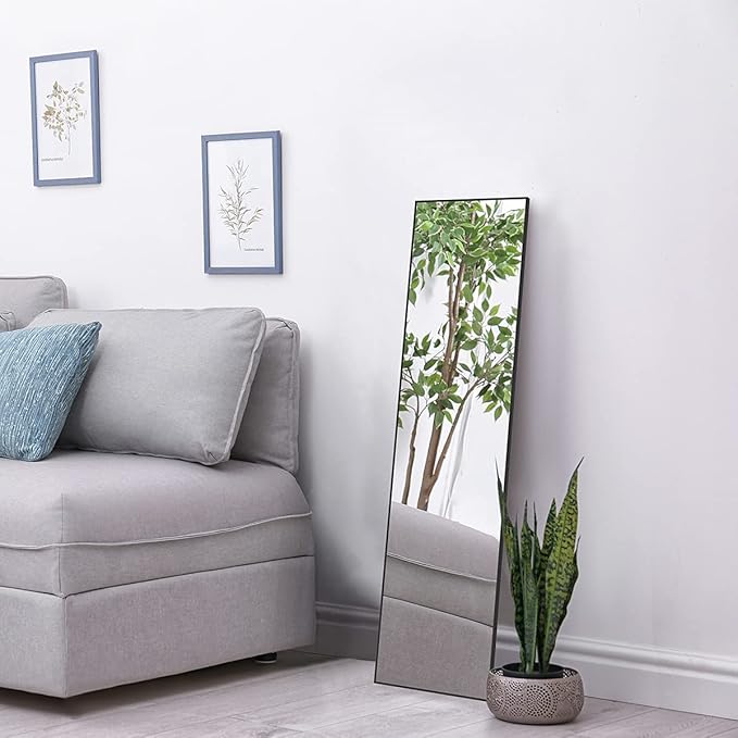 ANYHI Over The Door Mirror, 47" x 12" Black Full Length Mirror for Door, 2 Hooks, Aluminum Frame, Door Hanging or Wall Mounted for Bedroom Bathroom Checkroom