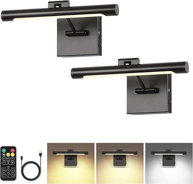 Joosenhouse Battery Operated Picture Light (2-Pack), 5000mAh Rechargeable Wall Light, Wireless Art Display Light with Remote Timer and Dimmer, 12.6-Inch Black Painting Light