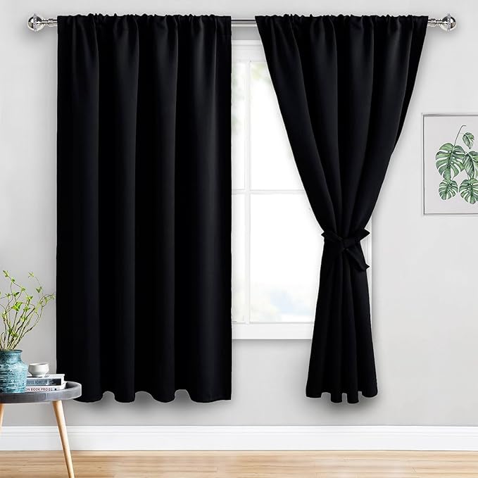 JIUZHEN Blackout Curtains for Bedroom - 70 x 63 Inch Extra Wide Privacy Assured Thermal Insulated Room Darkening Sliding Door Curtains for Living Room, Set of 2 Panels with Tiebacks, Black