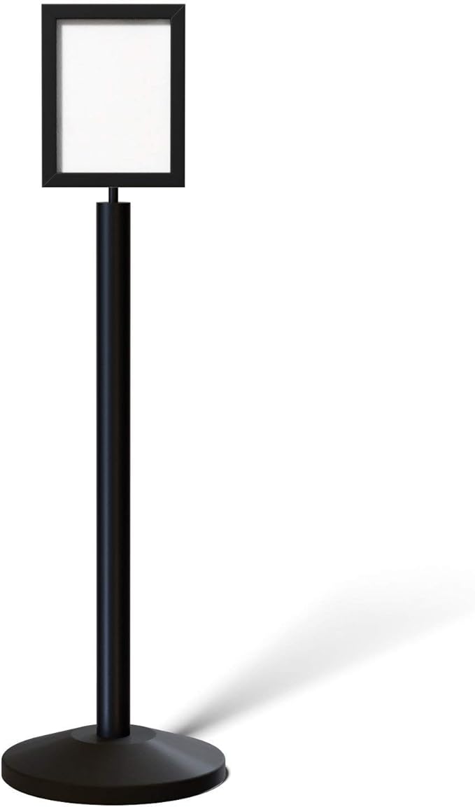 Crowd Control Warehouse Pedestal Standing Floor Sign Frame with Sloped Base, 8.5x11 Inch Vertical, Black Powder Coated Steel