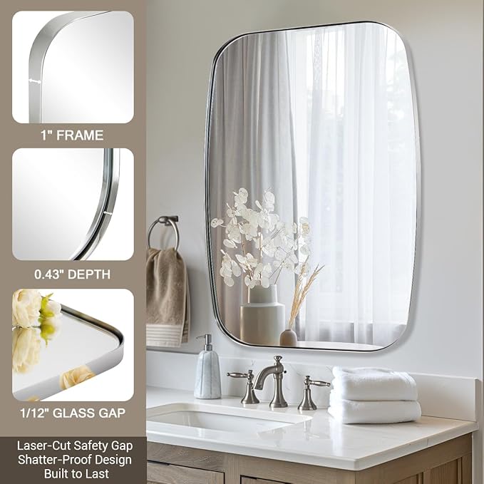 ANDY STAR Chrome Bathroom Mirror, 28x36 Inch Stainless Steel Metal Frame Oblong Bathroom Mirror for Vanity, 1’’ Deep Wall Mounted Vertically/Horizontal