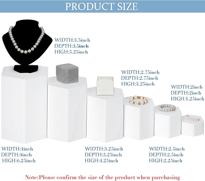 Jetec Hexagonal Jewelry Display Risers Hexagonal Market Display Risers Stands Acrylic Showcase Acrylic Stand for Jewelry Model Figures Decoration, 6 Sizes(White,12 Pieces)