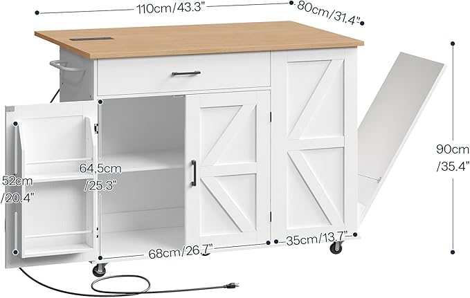 HOOBRO Kitchen Island with Power Outlet & Drop Leaf, Rolling Kitchen Island with Trash Can Storage, Island Table with Storage Cabinet, Towel Rack, for Dining Room, White and Natural WN50UZD01