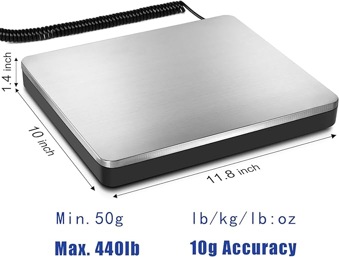 Fuzion Shipping Scale 440lb x 10g Accuracy, Postal Scale with Hold/Tare, Digital Shipping Scale for Packages Small Business, Luggage, Battery & AC Adapter