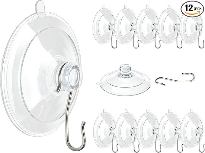VIS'V Suction Cup Hooks, 1.77 Inch Small Window Suction Cups with Metal Hooks, Removable and Reusable, Clear, 12 Pcs