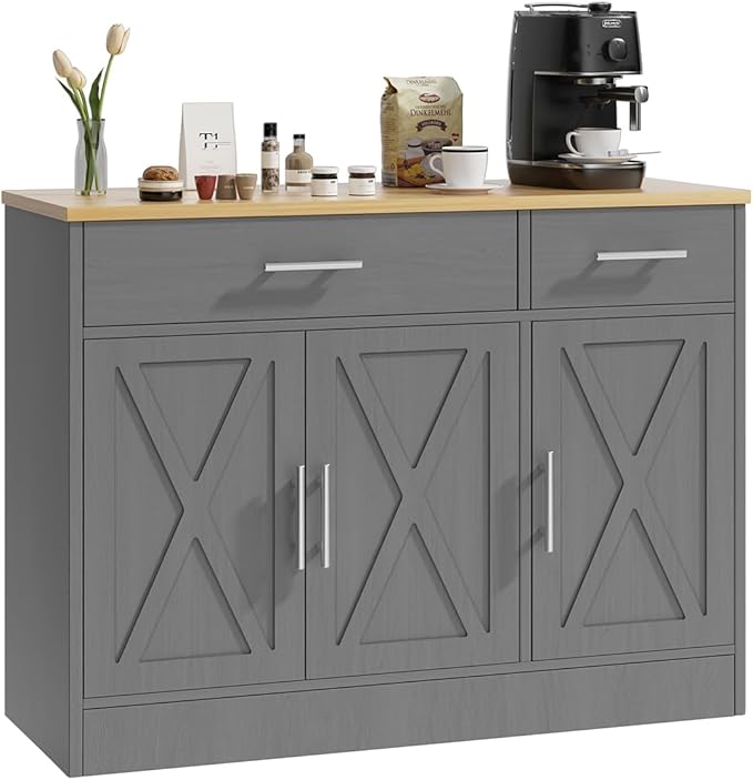 SUNLEI Kitchen Buffet Sideboard Cabinet, Wooden Storage Cabinet with 3 Doors & 2 Drawers, Modern Farmhouse Coffee Bar Cabinet with Storage for Living Room, Adjustable Shelf, Grey