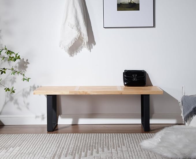 55" Natural Solid Wood Bench, Modern End of Bed Bench for Bedroom Entryway Bench w/Metal Legs, Dining Bench Bedside Bench Long Ottoman Bench for Front Entryway Living Room Dining Room Kitchen