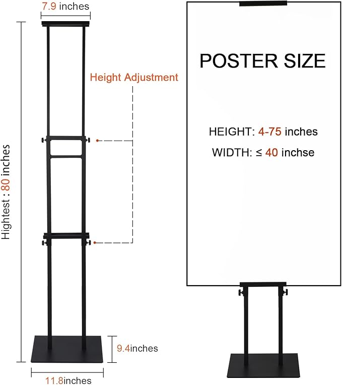 Heavy Duty Floor Poster Standing Display Poster Sign Holder with Non-Slip Mat Base Adjustable Height Up to 75 inches for Board & Foam (2PACK-Black)