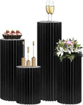 4Pack Cylinder Stands for Party, Foldable Cardboard Columns with 4 Clear Round Top Plates, Cake Display Pedestal Stand for Wedding Banquet Vendor Events Decorative (Black)