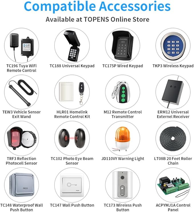 TOPENS CK1200 Automatic Sliding Gate Opener Chain Drive Electric Gate Motor for Heavy Driveway Slide Gate Up to 3400 Pounds, Security Gate Operator AC Powered with 20ft Roller Chain and Remote Control