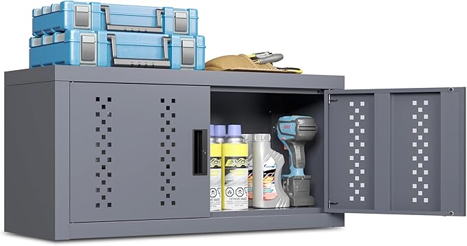 Small Wall Cabinet, Metal Garage Wall Mounted Storage Cabinets, Floating Garage Tool Cabinet with 2 Doors, Heavy-Duty Tool Organizer, Utility Wall Cabinet for Warehouse, Basement, Kitchen