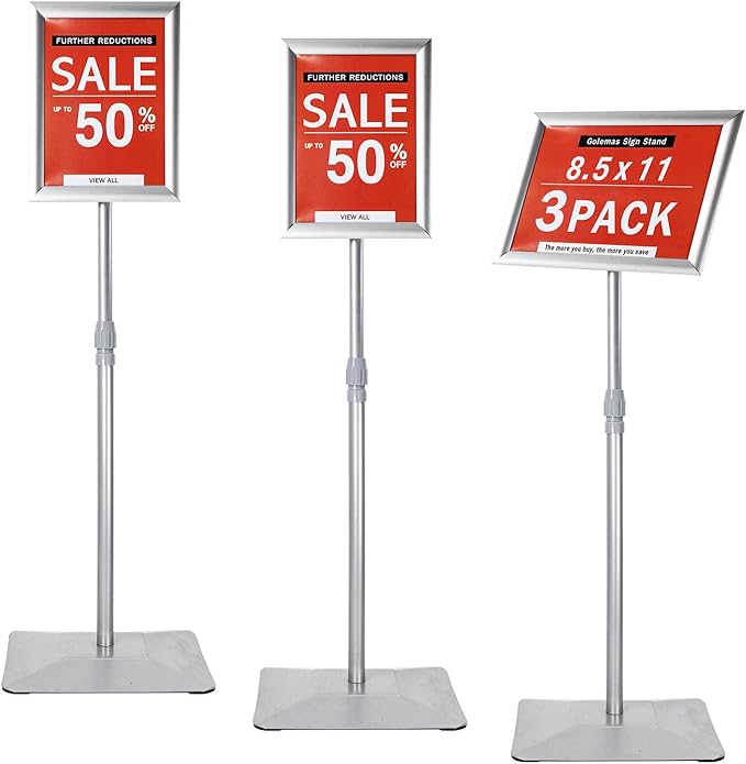 Adjustable Sign Stand for Display, with Upgraded Iron Base, Pedestal Floor Signage Stand Holder for Outdoor or Indoor Advertising (8.5 x 11, Silver 3Pack)