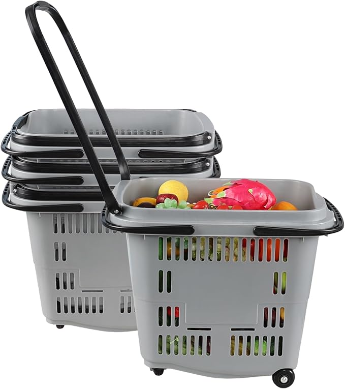 4-Pack Large Wheeled Shopping Basket with Carry Handle, 50 L Plastic Grocery Shopping Basket Gray