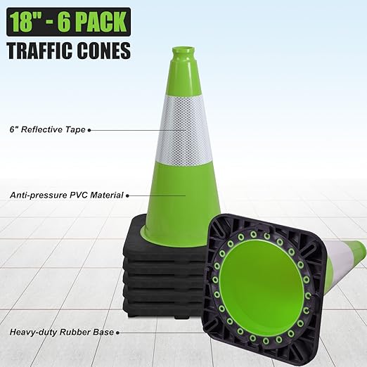 6 Pack 18" Inch Green PVC Traffic Cones with Heavy-Duty Base, High-Visibility All-Weather Safety Cones for Road Construction, Parking Lot, and Garage Use (6, Green, 18" Medium)