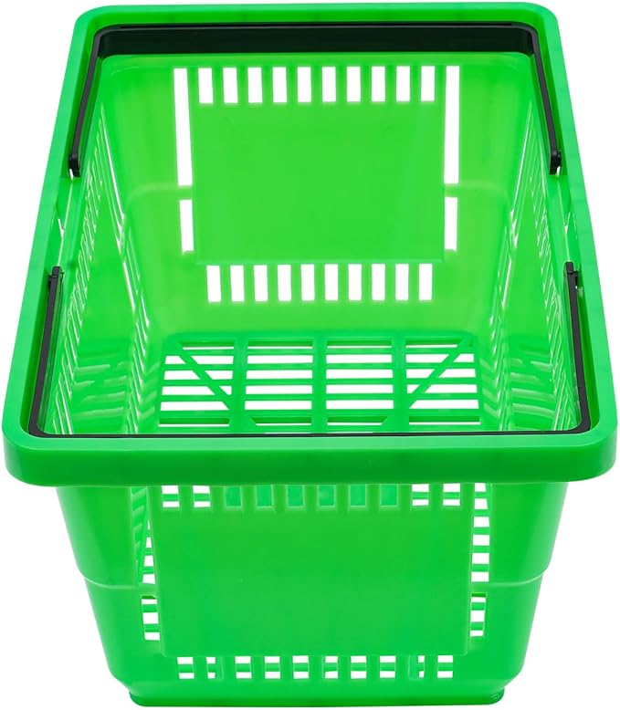 LOYALHEARTDY 12PCS Shopping Baskets with Handles, 21L Plastic Grocery Basket for Retail Store, Supermarket, Grocery Shopping |17" x 12" x 9" Portable Shop Basket (Green)