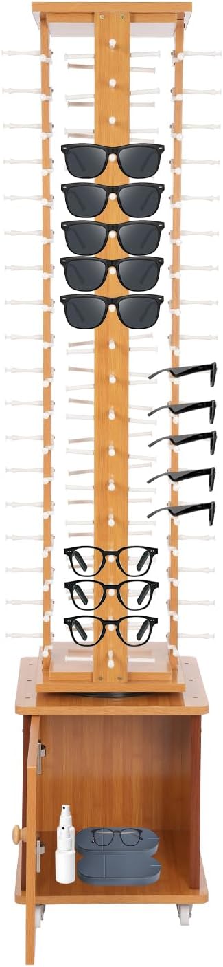 Sunglasses Display Stand, 72 Pairs Wooden 360° Rotating Sunglass Eyeglass Holder Organizer, Glasses Hanger Storage Rack for Retail Commercial Display, L14.2*H66.1in, Brown