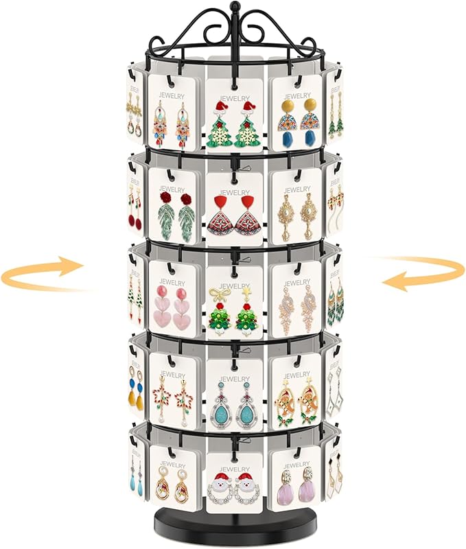 EsLuker.ly Earring Holder Organizer Rotating Display Tree Stand, Adjustable Height Earring Card Hanger Rack with 50 Hooks for Vendors Market Selling, 5 Tier Metal Jewelry Storage Tower, Black