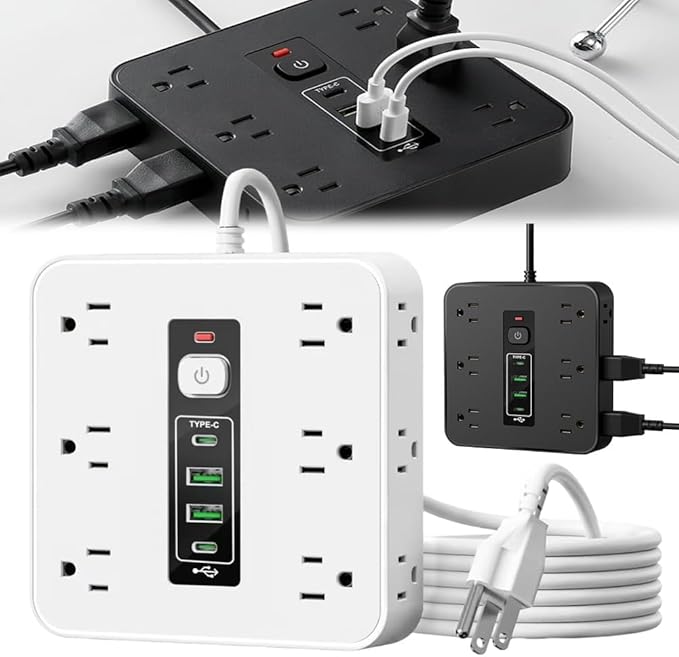 16-in-1 Power Strip with Switch & Surge Protection, Travel Extension Cord with USB Ports, Outlet Electrical Extender, 6.5FT Extension Cord On/Off Switch, 16 Outlet USB-C Power Strip(White)