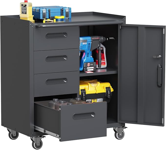 4-Drawer Rolling Tool Chest, Metal Tool Storage Cabinet on Wheels, Heavy Duty Tool Cart with Lockable Door & Handle, Mobile Toolbox Steel Locker for Garage, Home, Workshop, Warehouse, Black