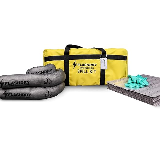 Flashdry Portable Complete Spill Kits Includes Yellow Duffle, Bag Tag, 15 Spill Absorbent Pads, 2 3" x4' Sorbent Socks, Disposal Bags, Nitrile Gloves - 12 Pack