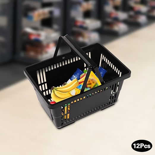 12Pcs Shopping Baskets with Handles, 21L Durable Plastic Shopping Basket, 22Lbs Load-Bearing Capacity, Stackable Portable Grocery Basket for Supermarket, Retail Shop, Bookstores (Black,16.9"X9"X11.8")
