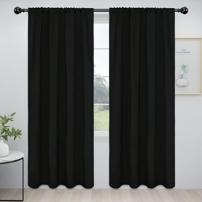 Easy-Going Rod Pocket Blackout Curtains for Bedroom, Room Darkening Window Curtains for Living Room, Thermal Insulated Noise Reduction Solid Window Drapes, 2 Panels(52x96 in, Black)